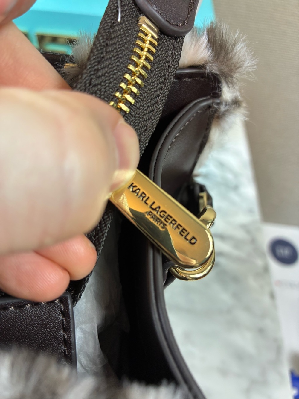 Karl Lagerfeld Snow Leopard Faux Fur & Brown Leather Satchel Bag - NWOT - Picture 9 of 9